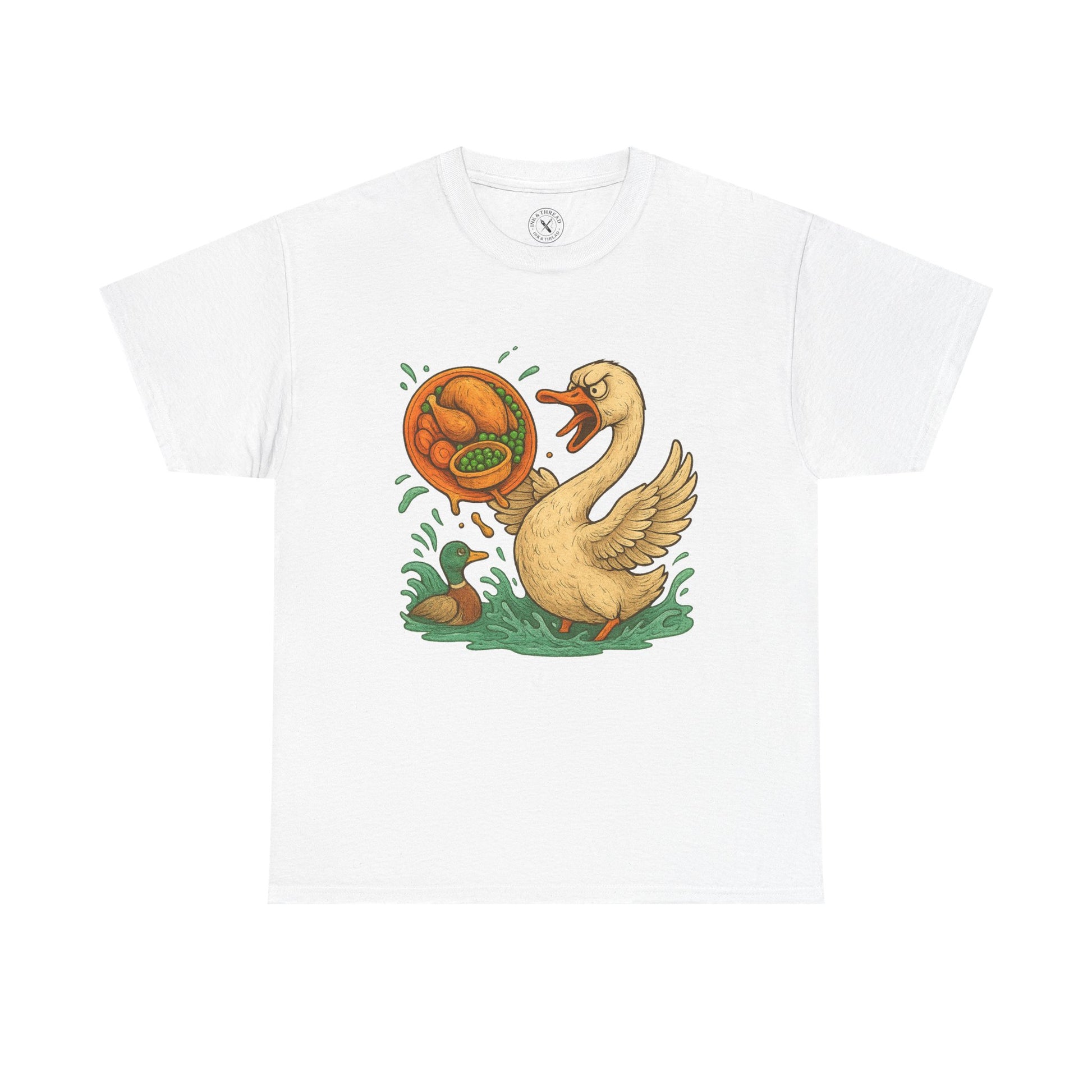 White t-shirt with a cartoon goose and pumpkin design on a white background