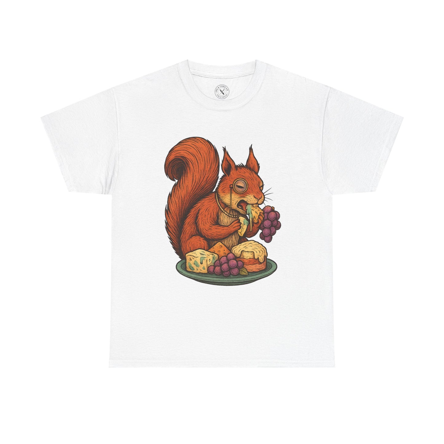 White t-shirt with a colorful squirrel graphic on a white background