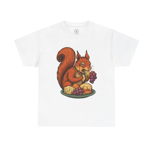 White t-shirt with a colorful squirrel graphic on a white background