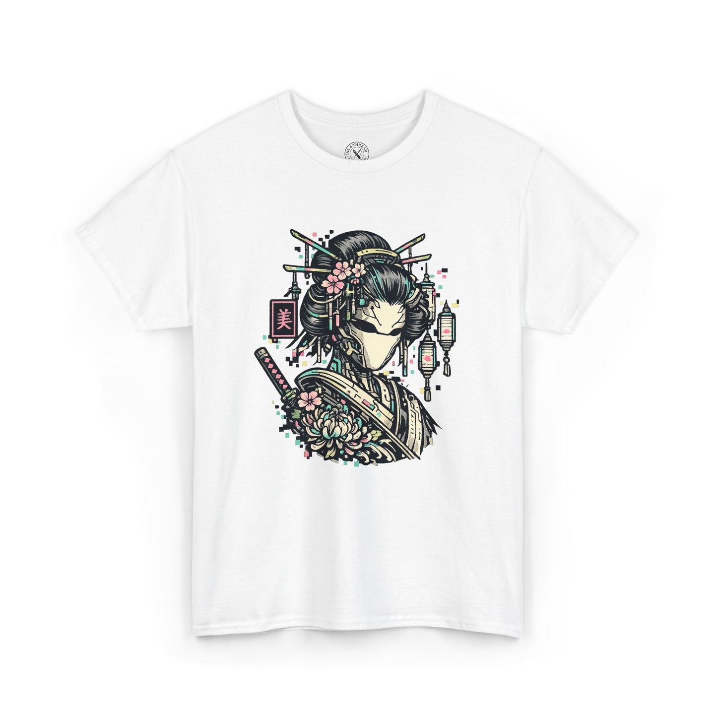 White t-shirt with a graphic design of a stylized face and traditional elements on a white background
