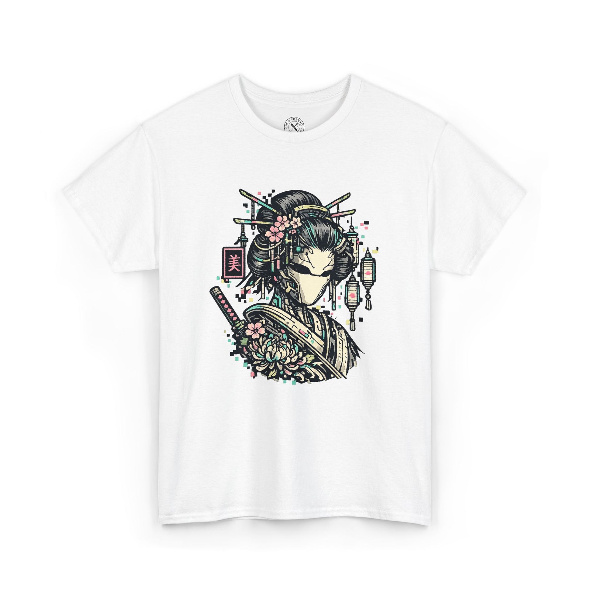 White t-shirt with a graphic design of a stylized face and traditional elements on a white background