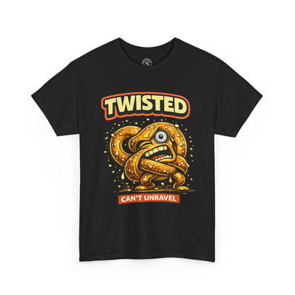 Black t-shirt with a twisted design featuring a snake and text on a white background