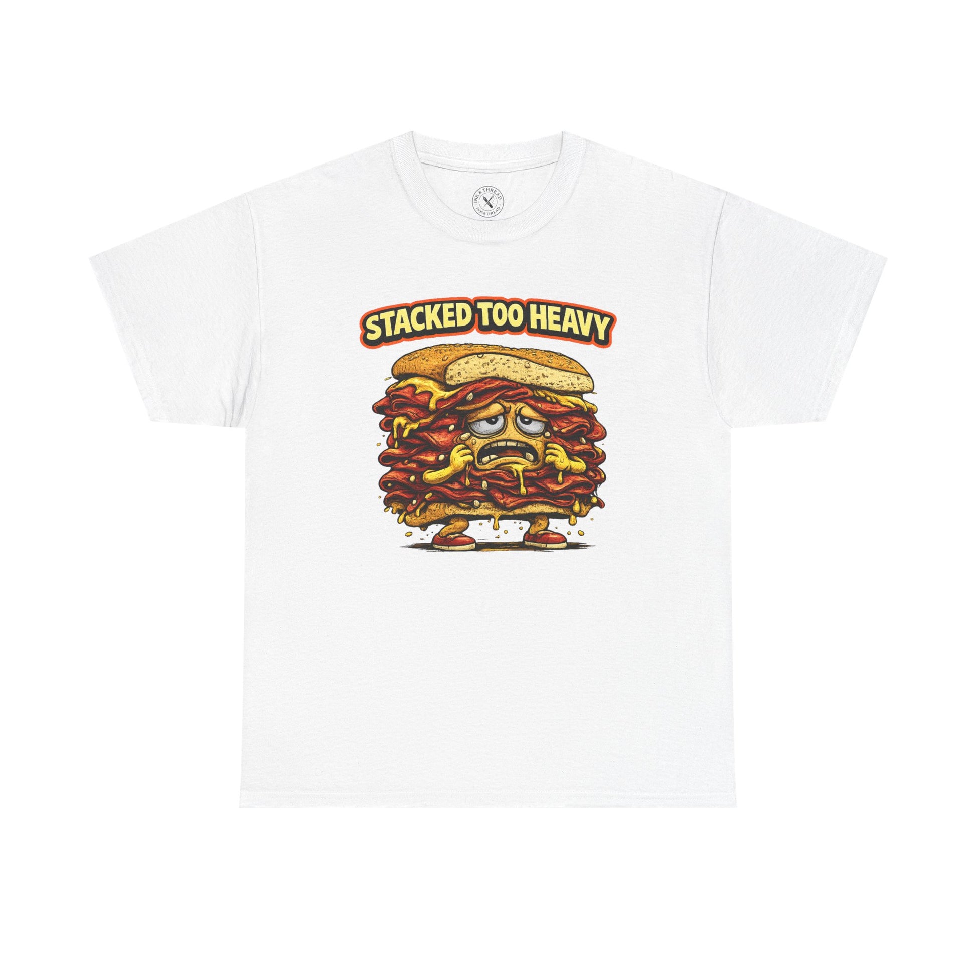 White t-shirt with a graphic of a burger and 'Stacked Too Heavy' text on a white background