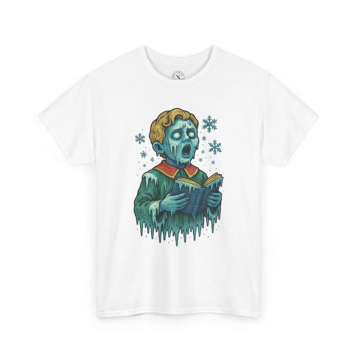 Frozen Choirboy festive horror tattoo artwork printed on white T-shirt
