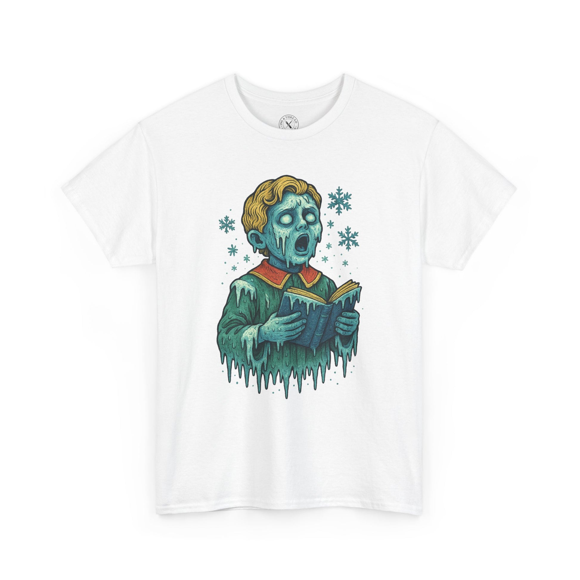Frozen Choirboy festive horror tattoo artwork printed on white T-shirt
