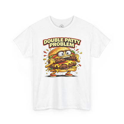 White t-shirt with a cartoon burger graphic and 'Double Patty Problem' text on a white background