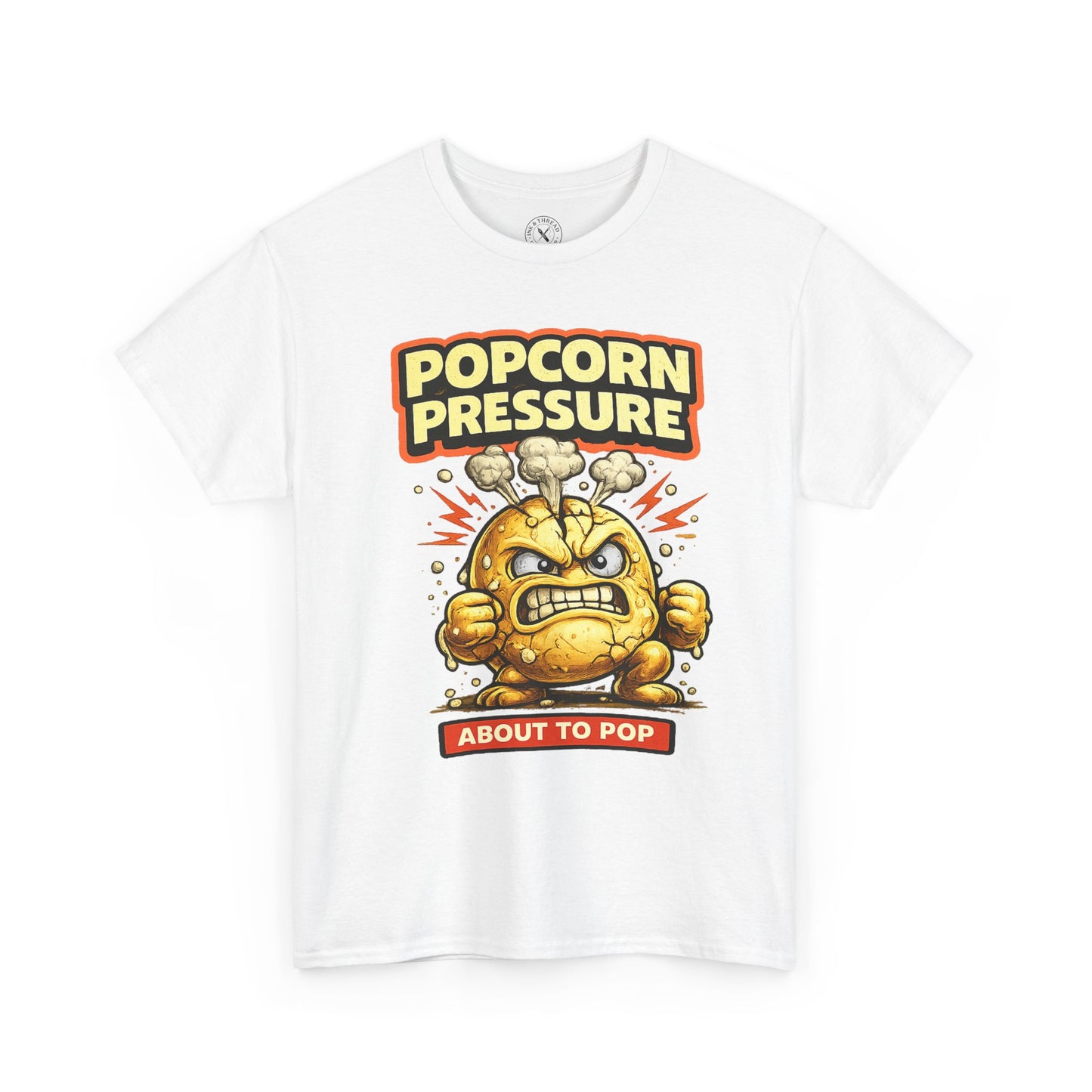 White t-shirt with 'Popcorn Pressure' graphic design on a white background