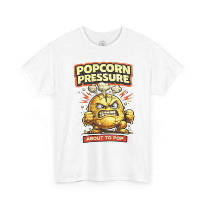 White t-shirt with 'Popcorn Pressure' graphic design on a white background
