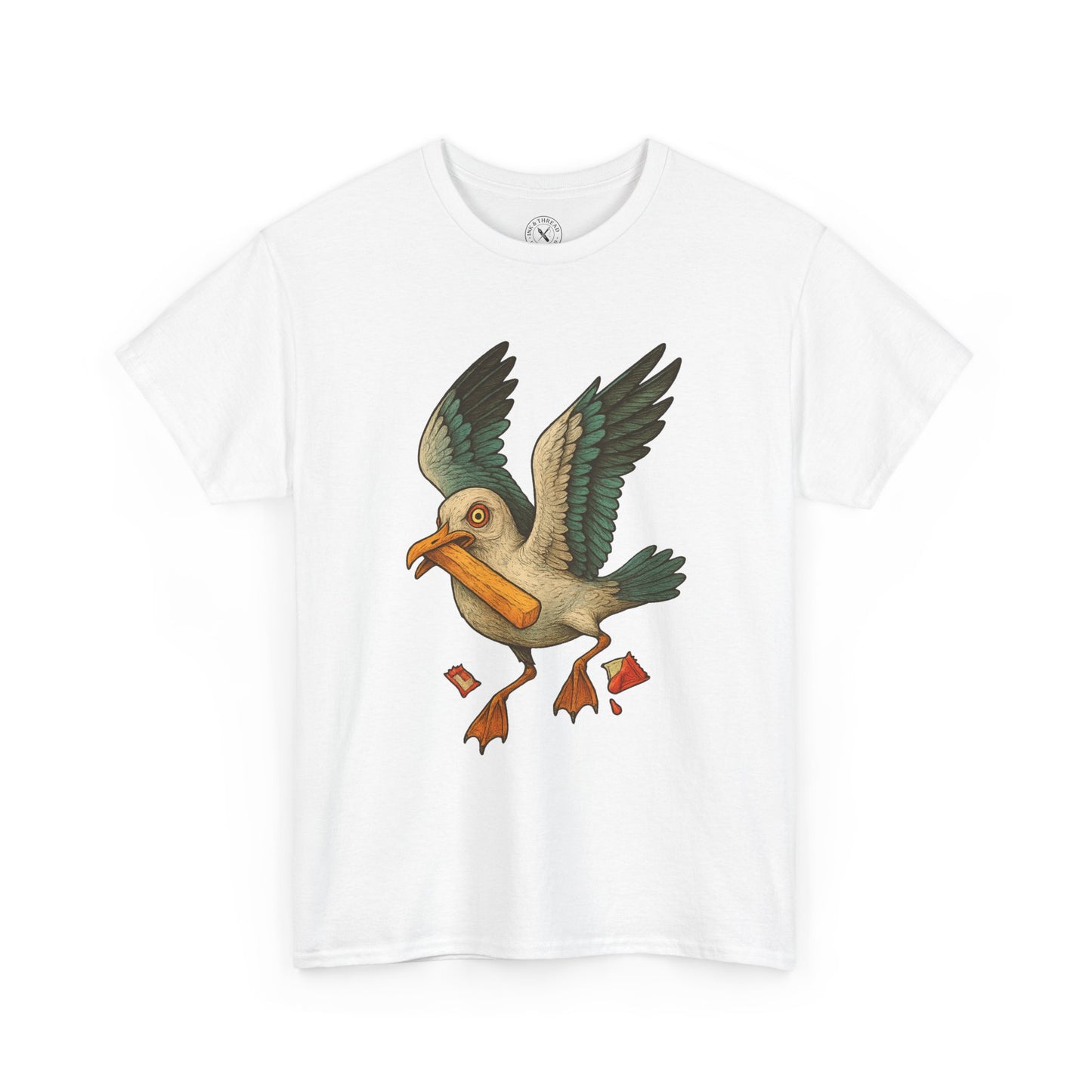 White t-shirt with a colorful bird graphic on a white background