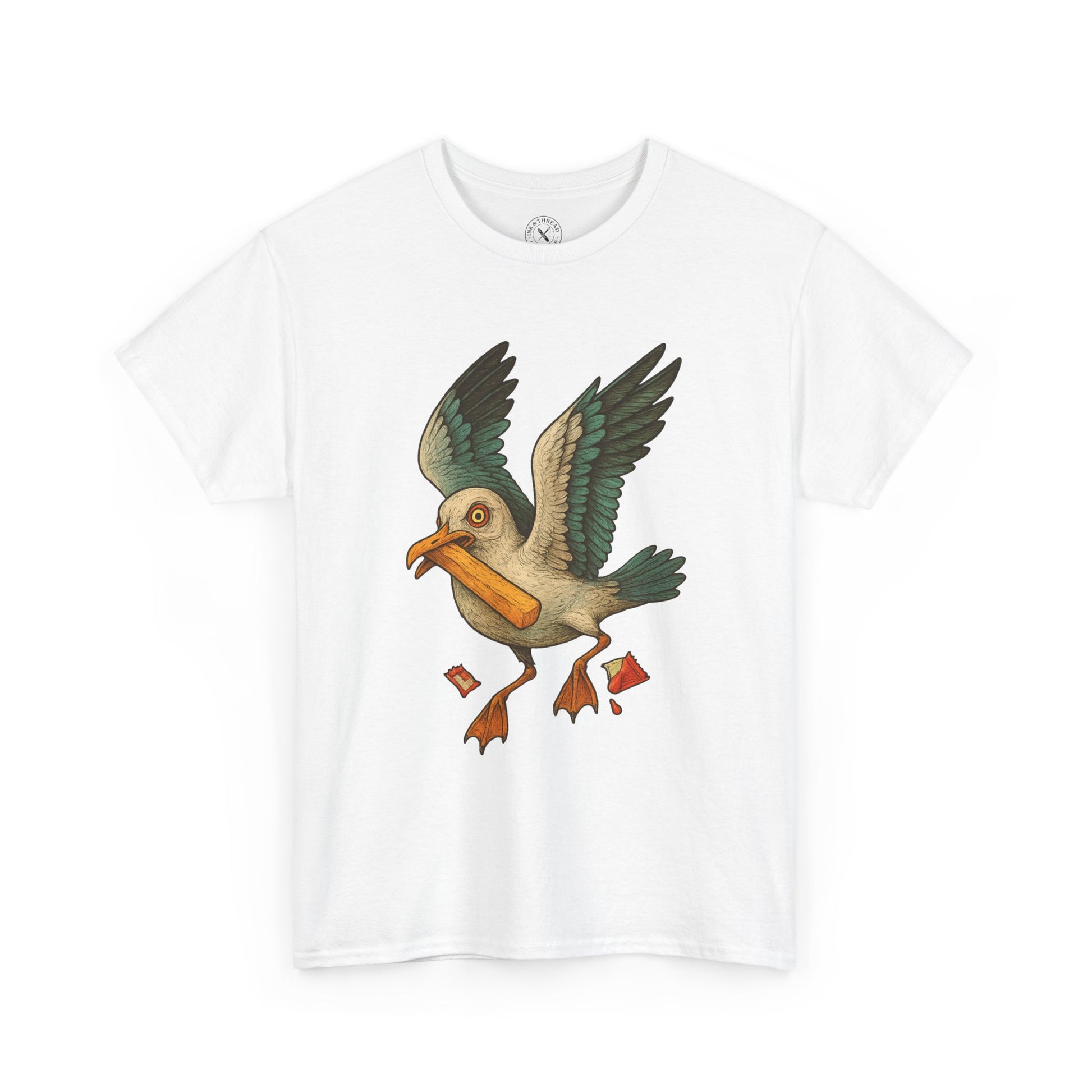 White t-shirt with a colorful bird graphic on a white background
