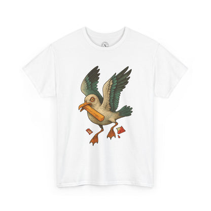 White t-shirt with a colorful bird graphic on a white background