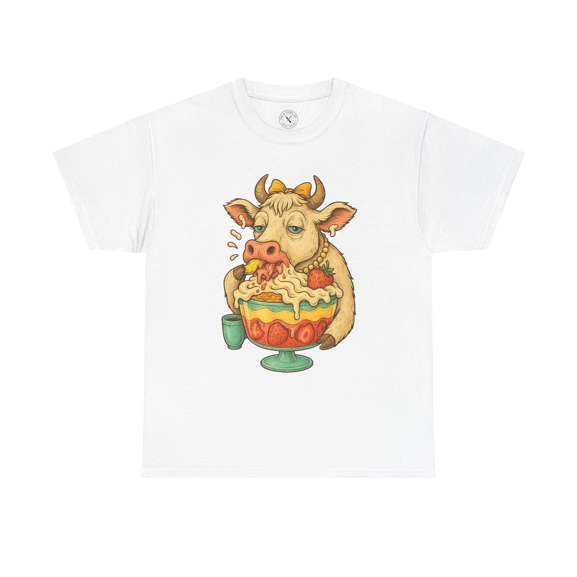 White t-shirt with a cartoon cow eating ice cream on a white background