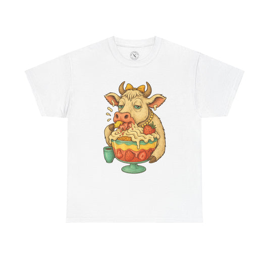 White t-shirt with a cartoon cow eating ice cream on a white background