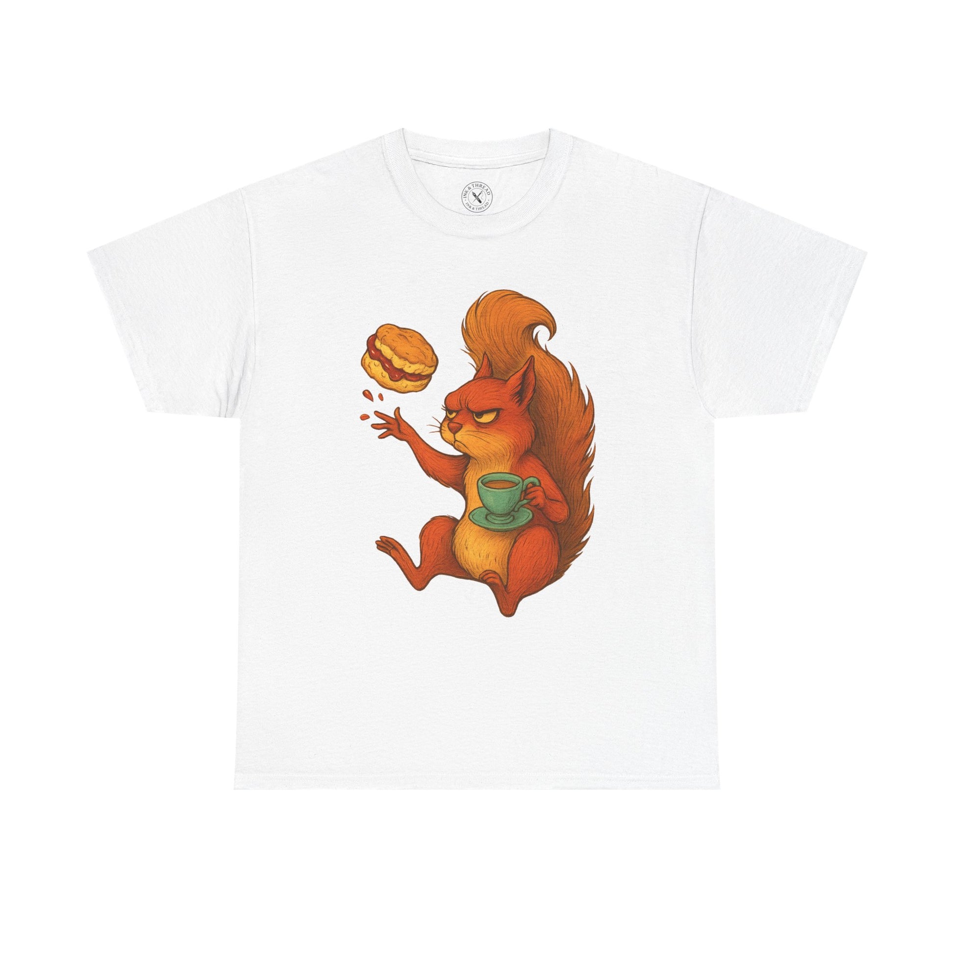 White t-shirt with a cartoon squirrel holding a cup and a burger on a white background