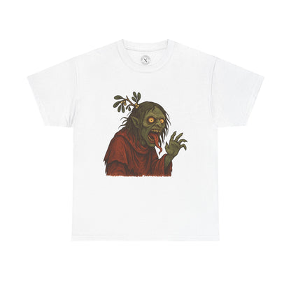 Midnight Mistle-Thing dark Christmas tattoo art T-shirt featuring twisted mistletoe creature with glowing berries
