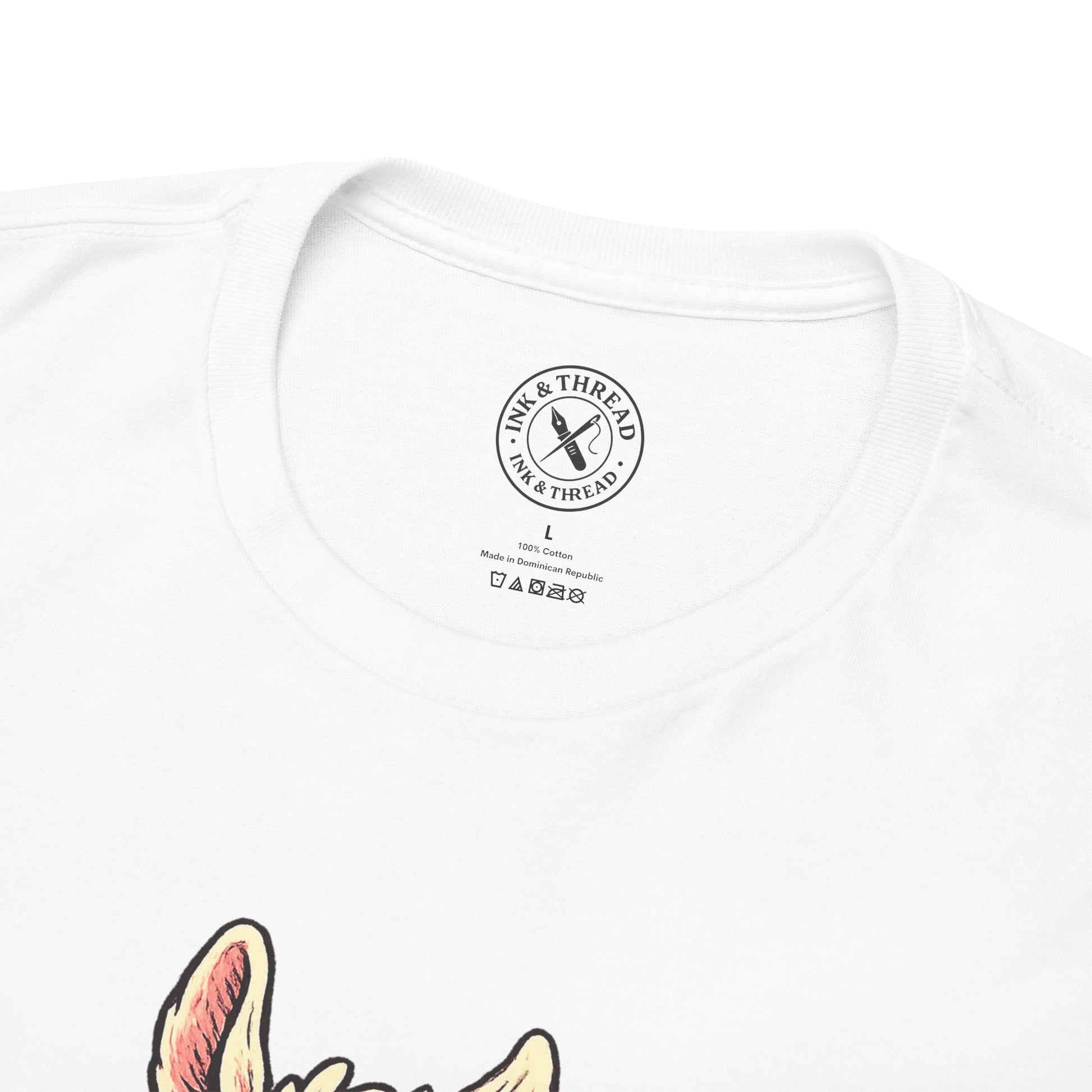 White t-shirt with a brand logo on the chest and colorful design at the bottom.