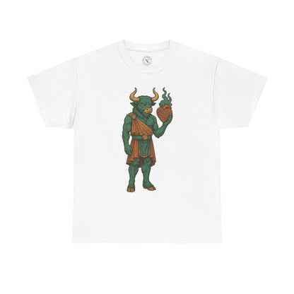 White t-shirt with a green and brown graphic design on a white background