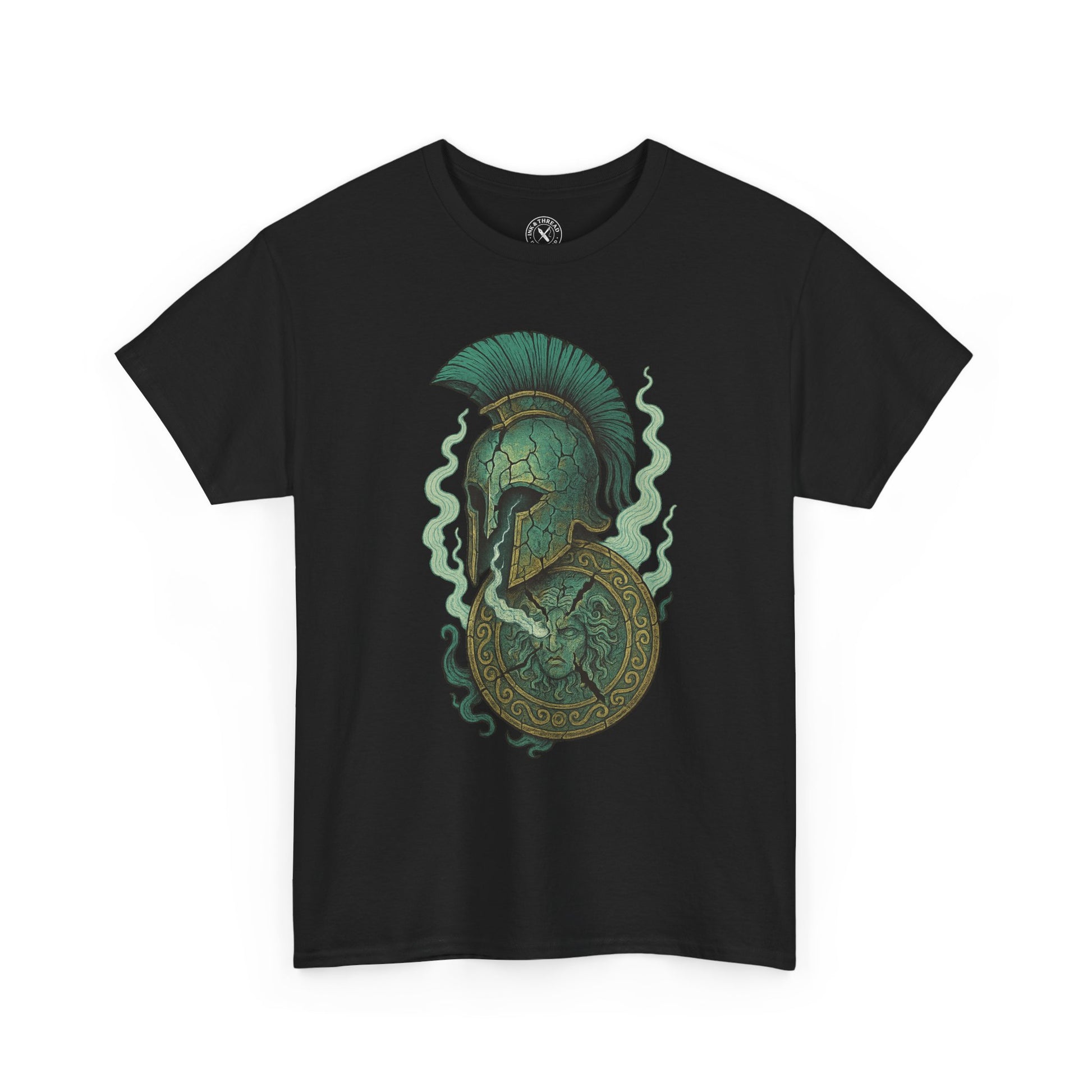 Black t-shirt with a green and gold Spartan helmet design on a white background