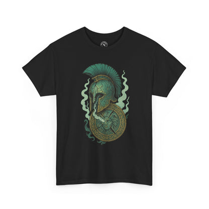 Black t-shirt with a green and gold Spartan helmet design on a white background
