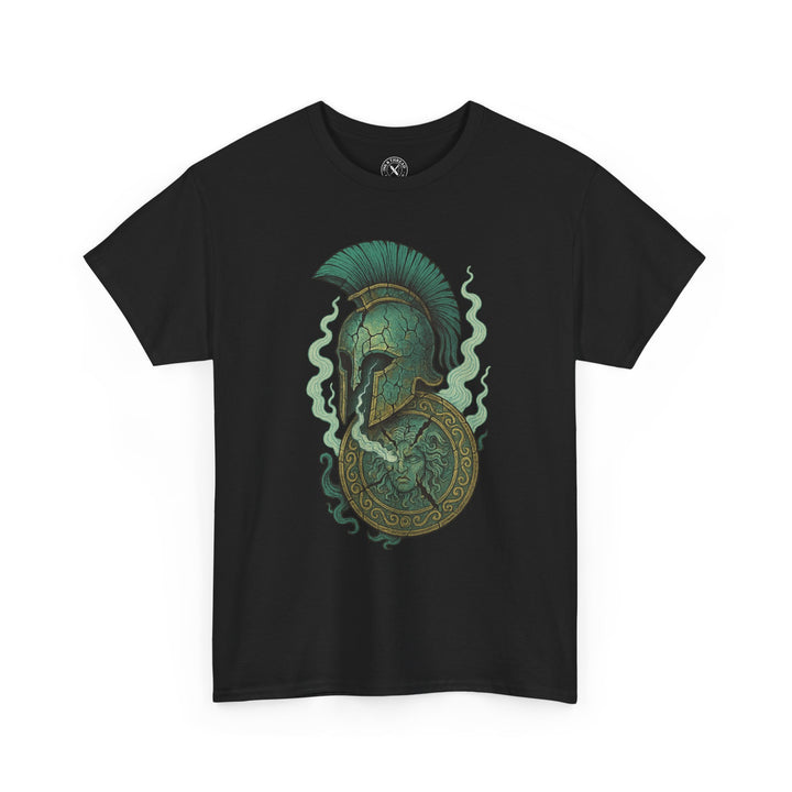 Black t-shirt with a green and gold Spartan helmet design on a white background