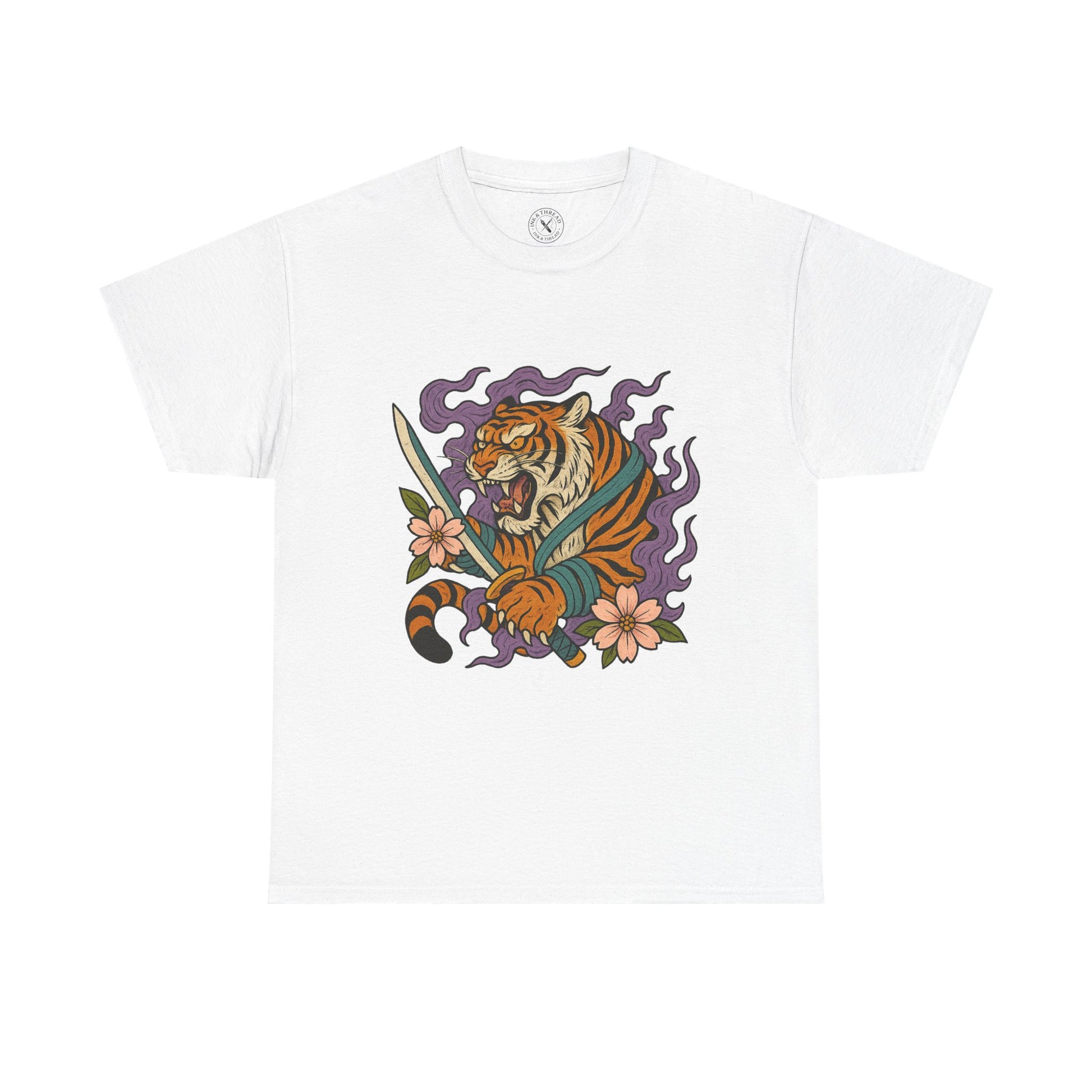 White t-shirt with a colorful tiger design on a white background