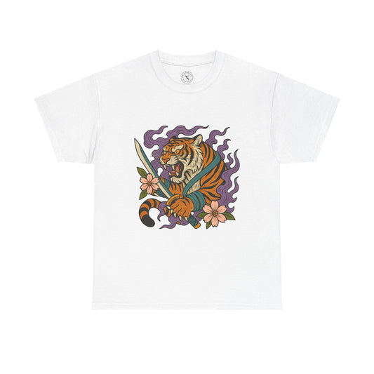 White t-shirt with a colorful tiger design on a white background