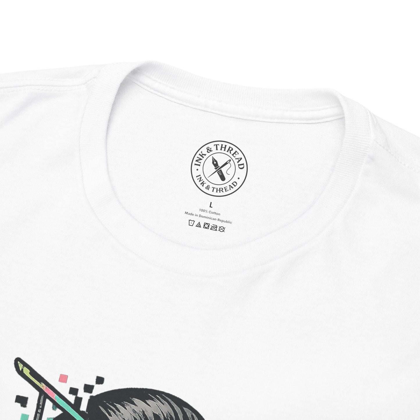 White t-shirt with a logo and text on a white background