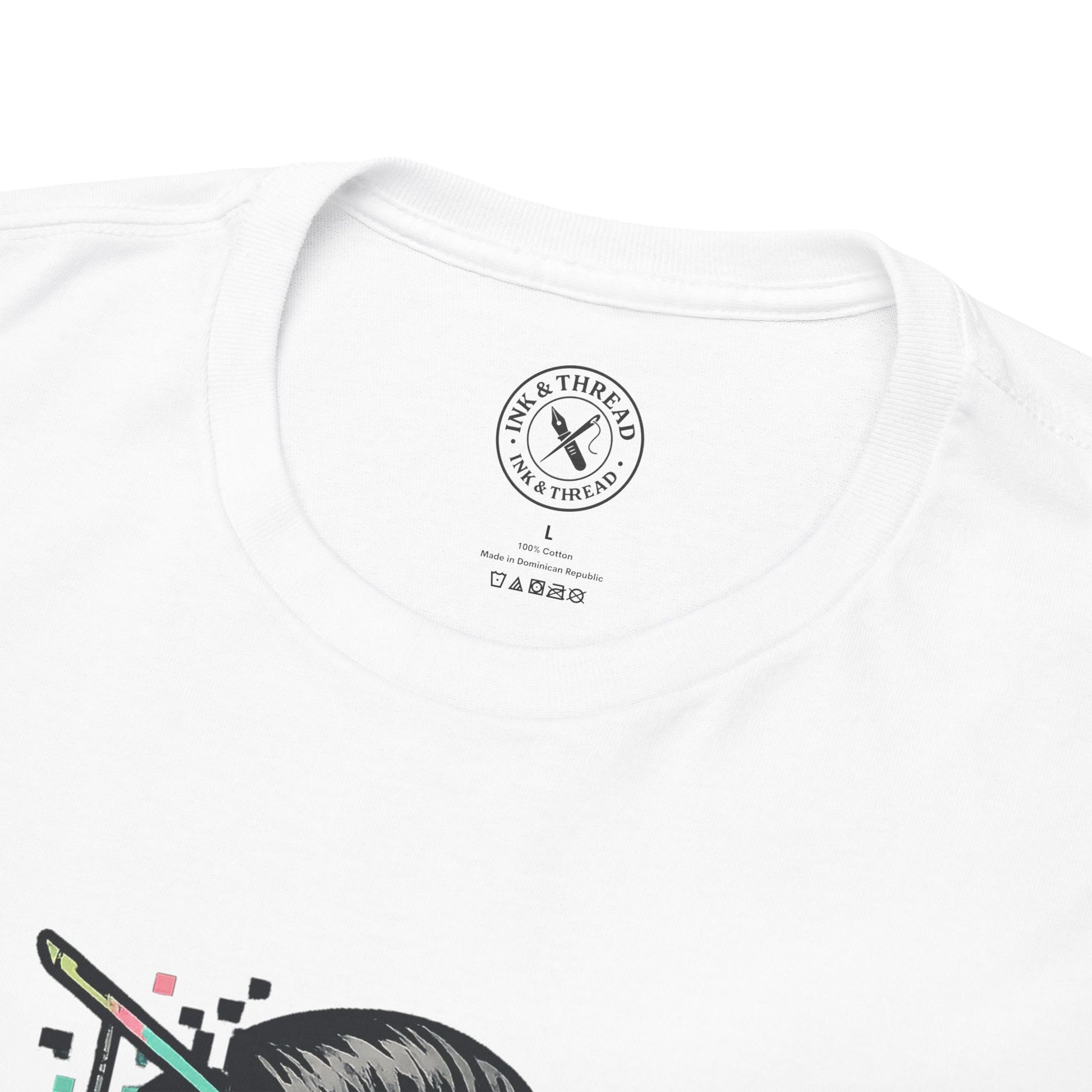 White t-shirt with a logo and text on a white background