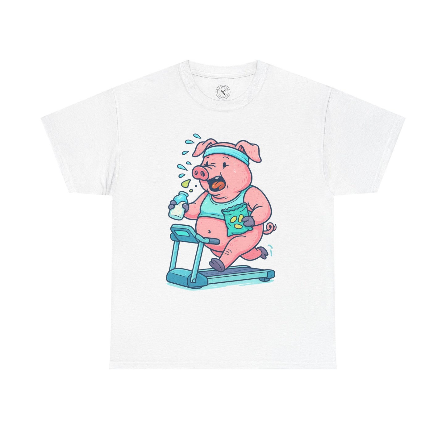 White t-shirt with a cartoon pig character exercising on a treadmill on a white background