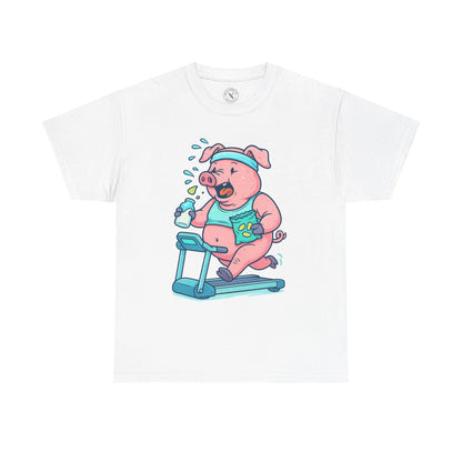 White t-shirt with a cartoon pig character exercising on a treadmill on a white background