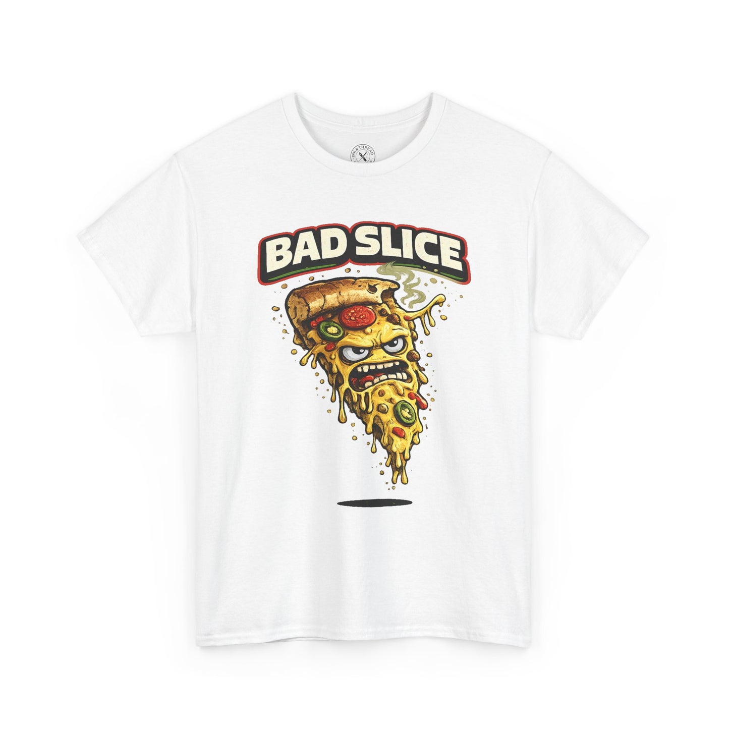 White t-shirt with 'Bad Slice' pizza graphic design on a white background