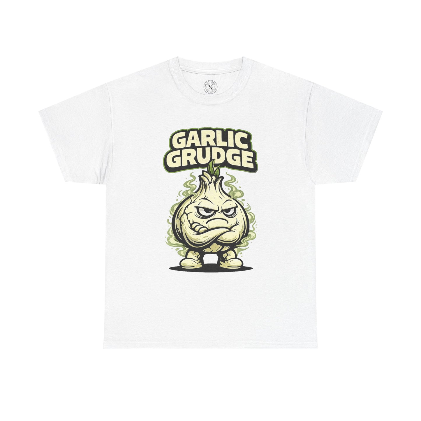 White t-shirt with a graphic design of a garlic bulb with a grumpy expression and text 'Garlic Grudge' on a white background.