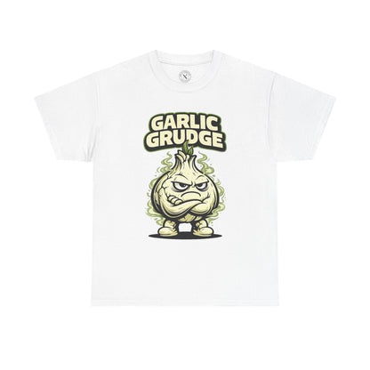 White t-shirt with a graphic design of a garlic bulb with a grumpy expression and text 'Garlic Grudge' on a white background.