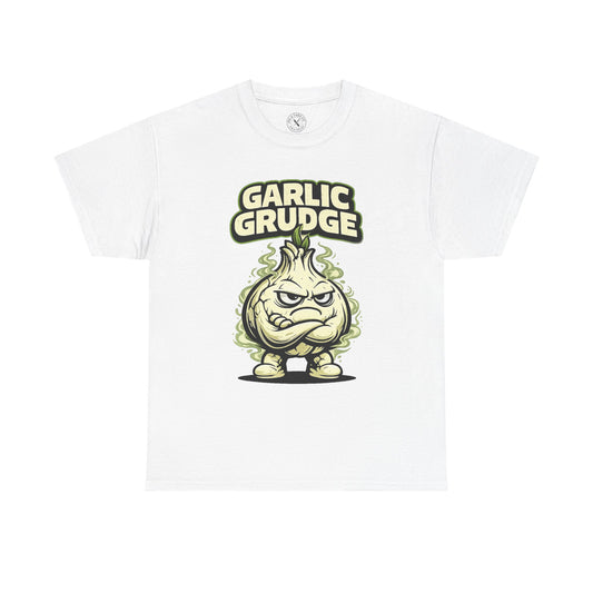 White t-shirt with a graphic design of a garlic bulb with a grumpy expression and text 'Garlic Grudge' on a white background.