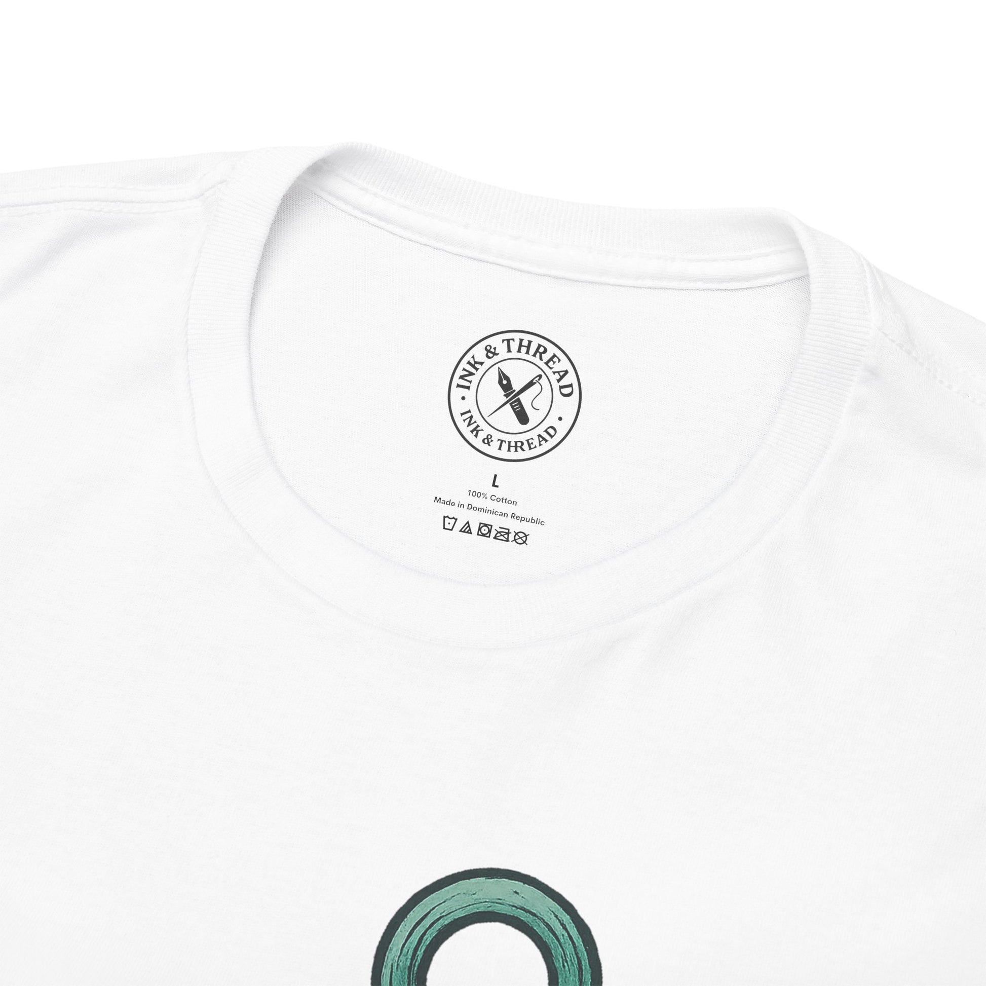 White t-shirt with a logo on the chest against a white background