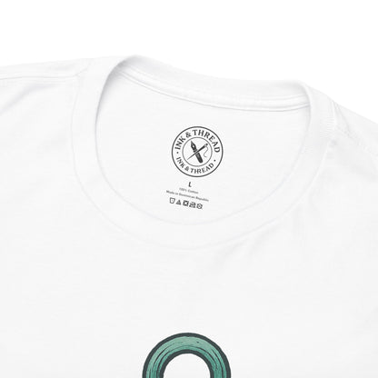 White t-shirt with a logo on the chest against a white background