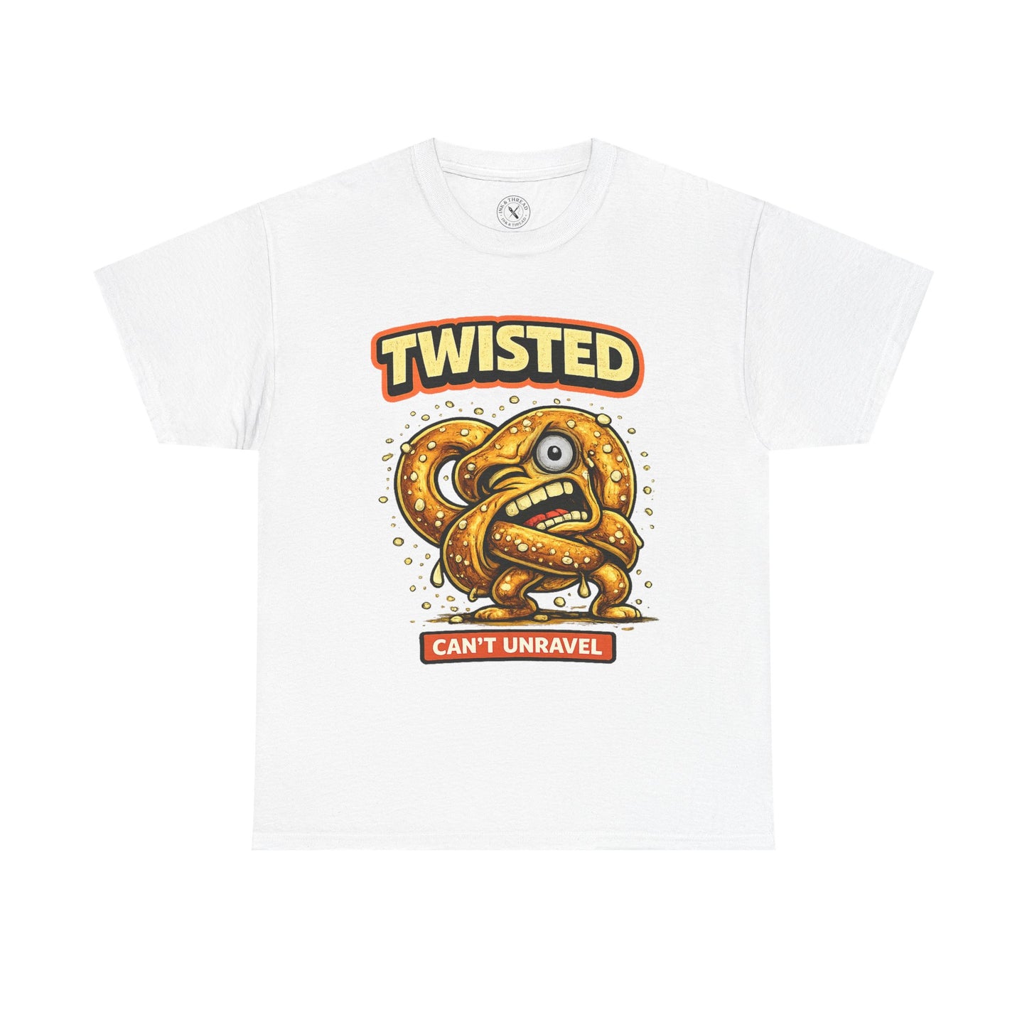 White t-shirt with a twisted pretzel graphic and text on a white background