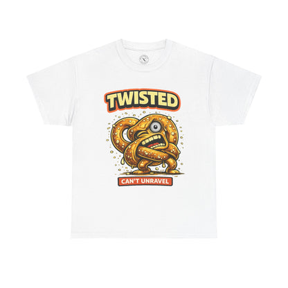 White t-shirt with a twisted pretzel graphic and text on a white background