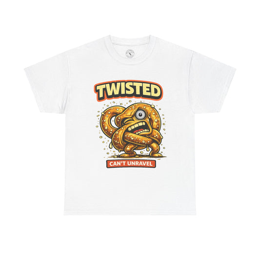 White t-shirt with a twisted pretzel graphic and text on a white background