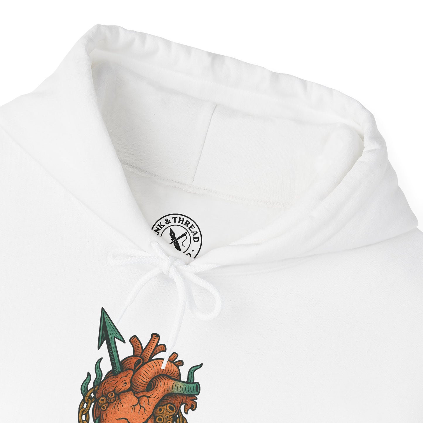 White hoodie with a heart design and brand logo on a white background