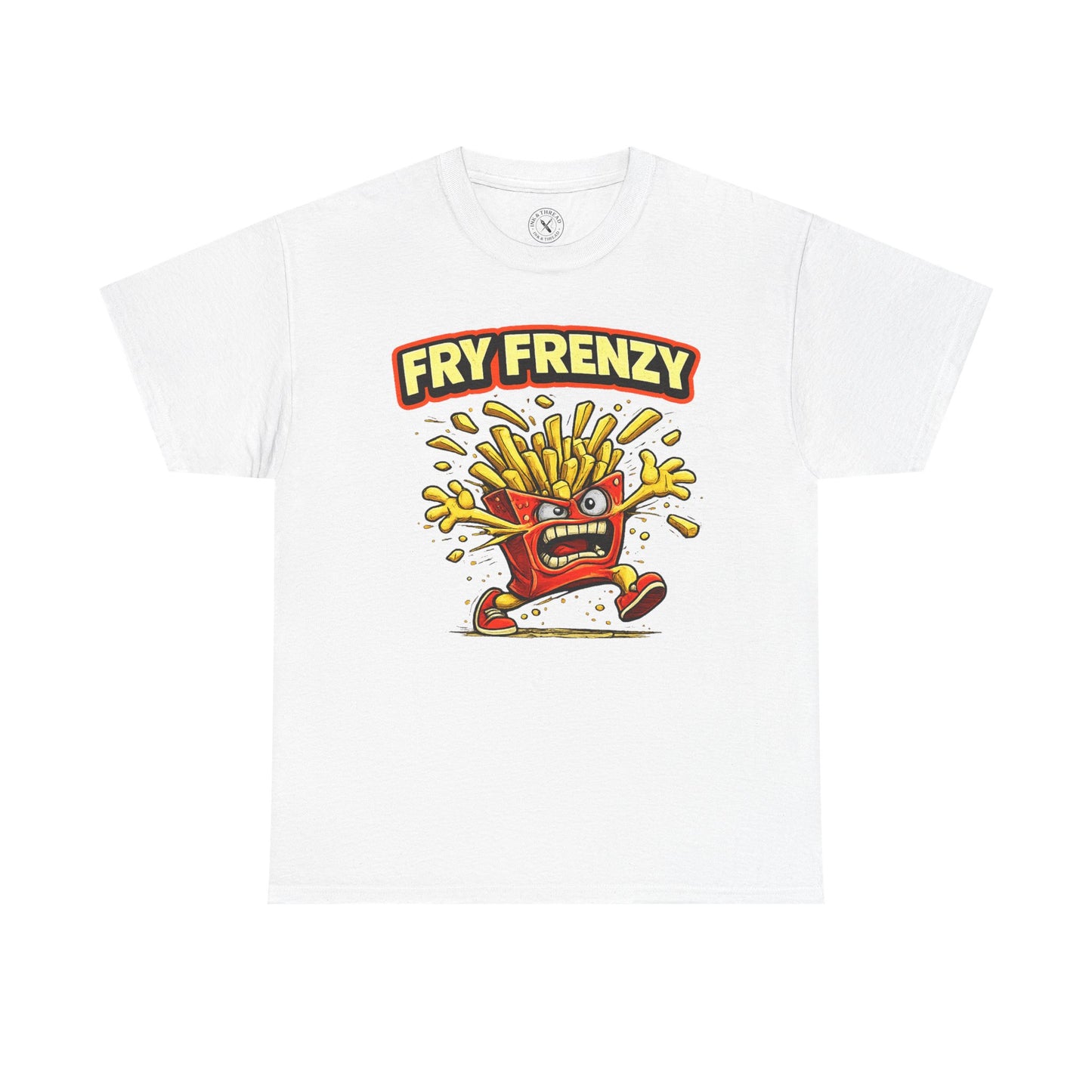 White t-shirt with 'Fry Frenzy' graphic design featuring cartoon fries on a white background