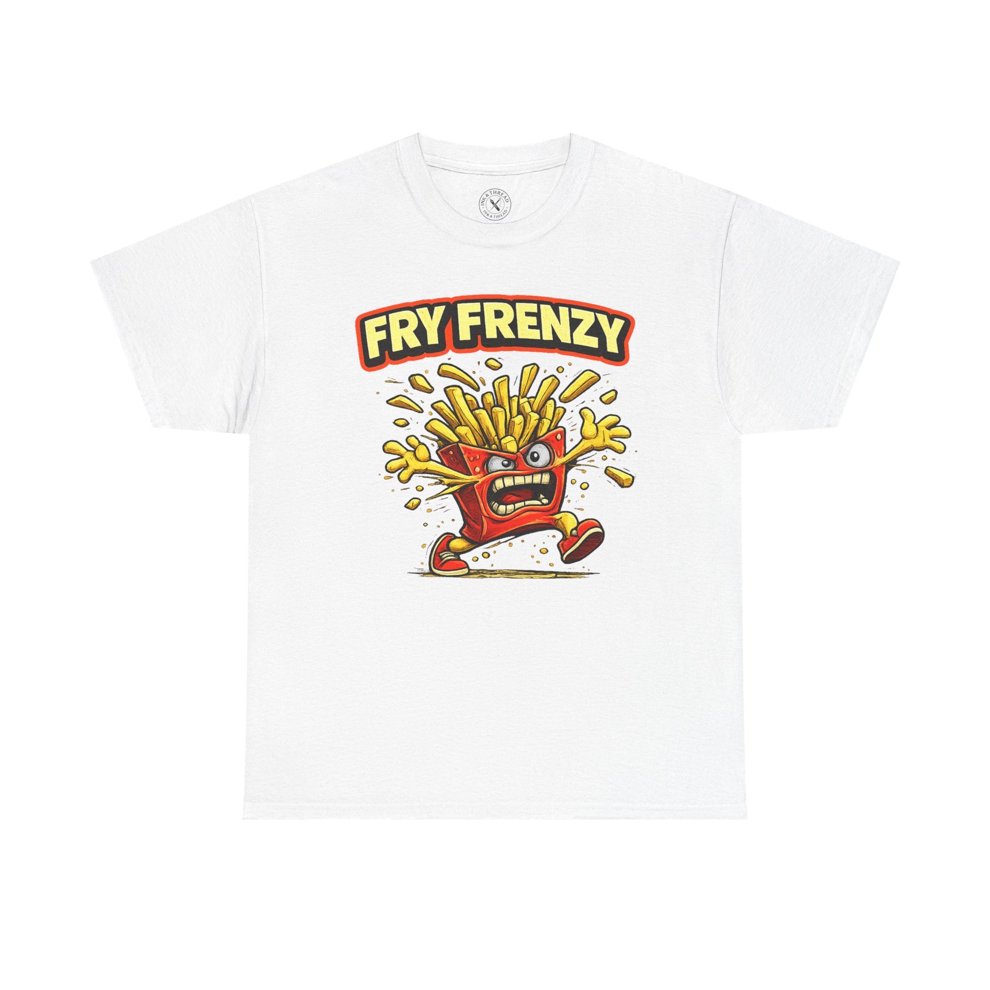 White t-shirt with 'Fry Frenzy' graphic design featuring cartoon fries on a white background