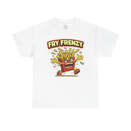 White t-shirt with 'Fry Frenzy' graphic design featuring cartoon fries on a white background