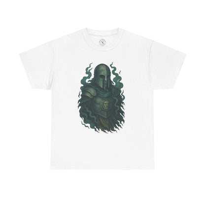 White t-shirt with a green graphic design on a white background