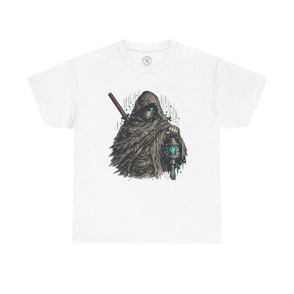 White t-shirt with a graphic of a hooded figure holding a weapon on a white background