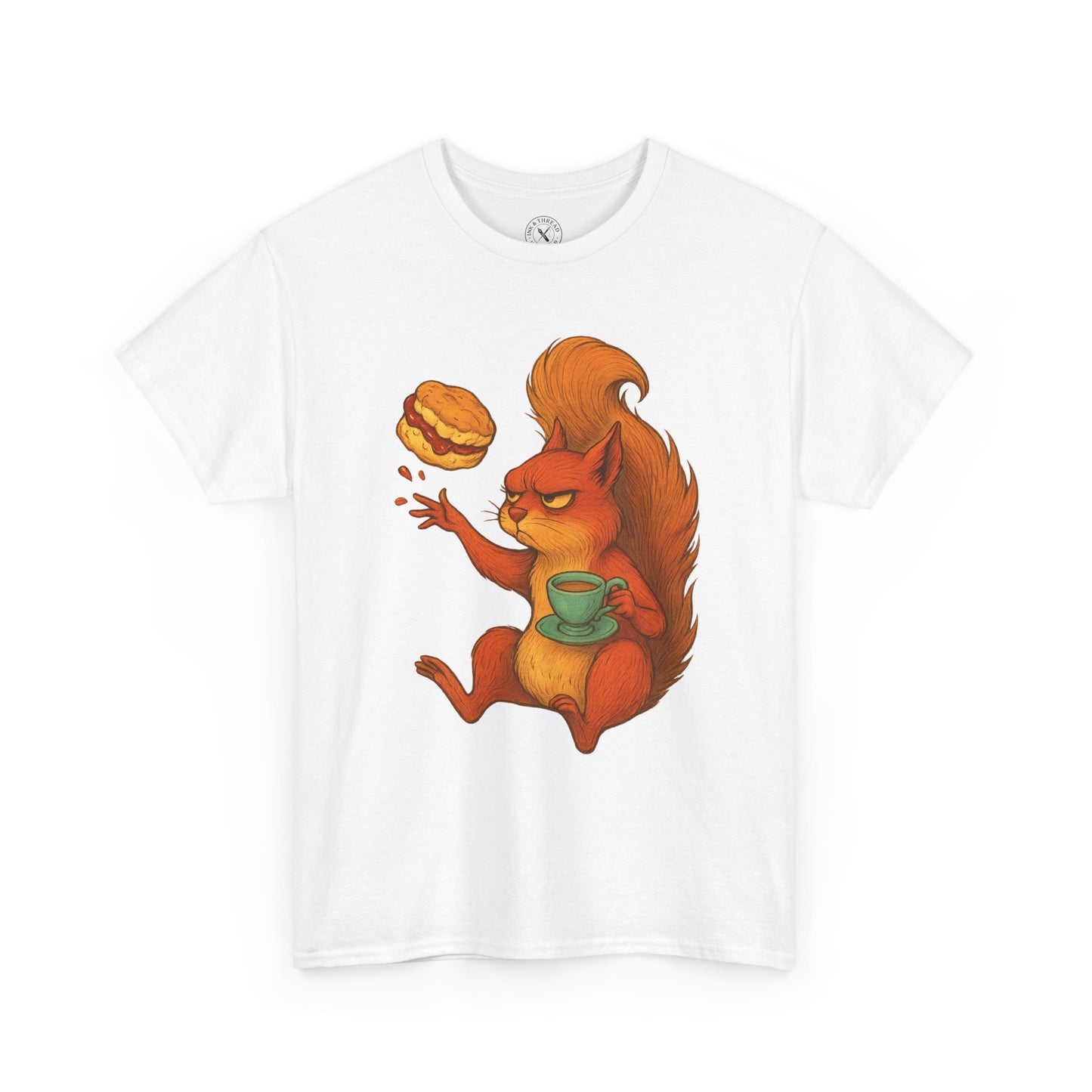 White t-shirt with a cartoon squirrel design holding a cup and burger on a white background