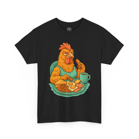Black t-shirt with a cartoon rooster eating breakfast on a white background