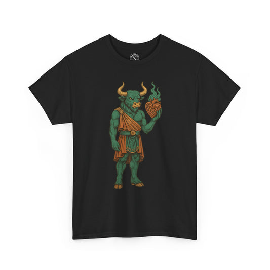 Black t-shirt with a green and orange creature holding a heart design on a white background