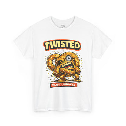 White t-shirt with a twisted pretzel graphic and text on a white background