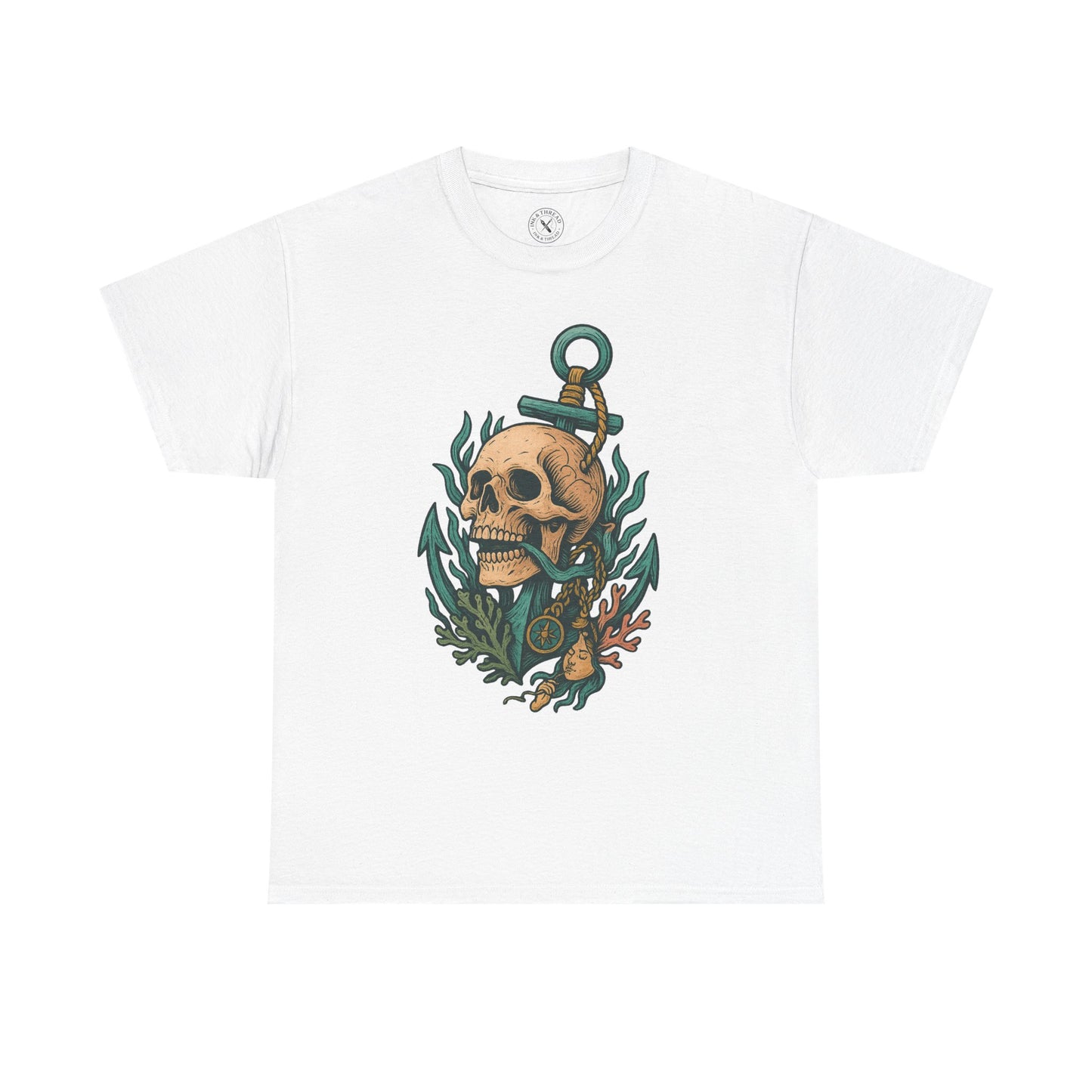 White t-shirt with a skull and anchor design on a white background